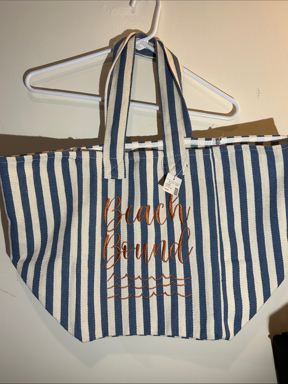 Maurices Blue & White Striped Tote with 'Beach Bound' Script